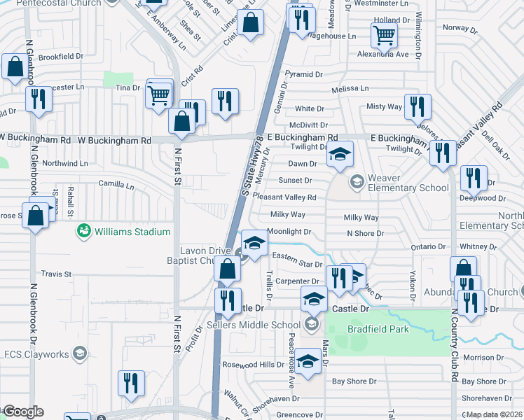 map of restaurants, bars, coffee shops, grocery stores, and more near 501 Moonlight Drive in Garland