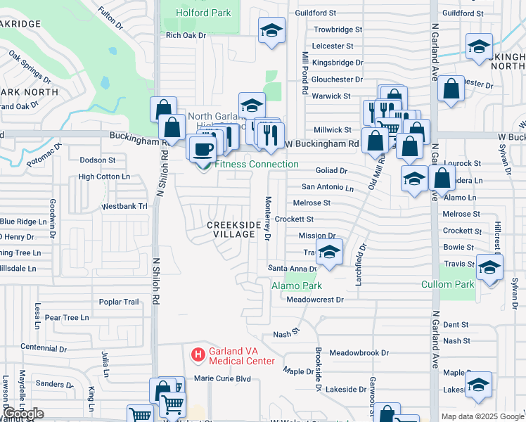 map of restaurants, bars, coffee shops, grocery stores, and more near 2000 Crockett Street in Garland