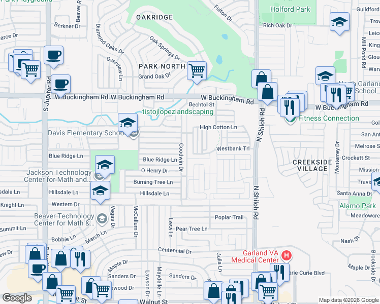 map of restaurants, bars, coffee shops, grocery stores, and more near 2742 Westbank Trail in Garland