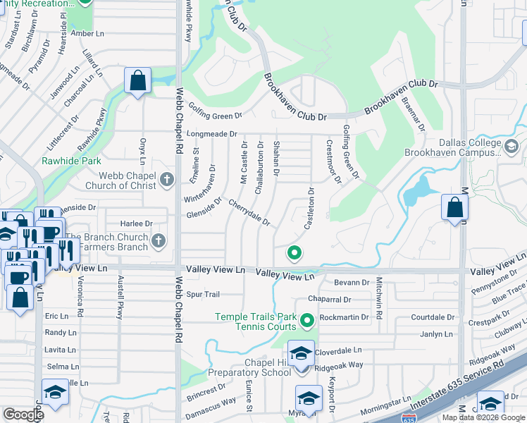 map of restaurants, bars, coffee shops, grocery stores, and more near 13319 Shahan Drive in Farmers Branch