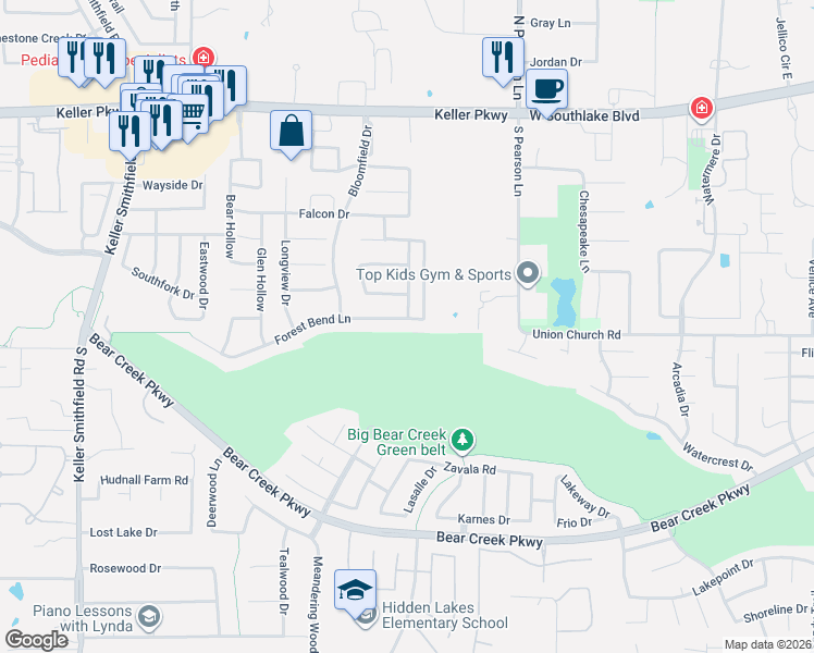 map of restaurants, bars, coffee shops, grocery stores, and more near 1822 Green Trail in Keller