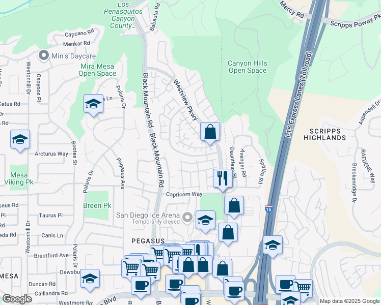 map of restaurants, bars, coffee shops, grocery stores, and more near 9456 Compass Point Drive South in San Diego