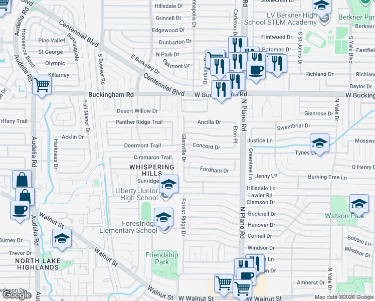map of restaurants, bars, coffee shops, grocery stores, and more near 1410 Glenville Drive in Garland