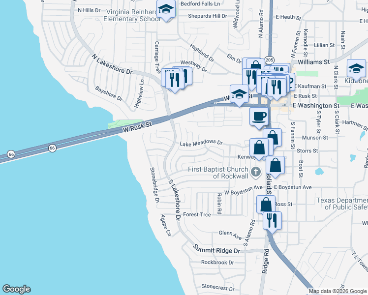 map of restaurants, bars, coffee shops, grocery stores, and more near 809 Village Green Drive in Rockwall
