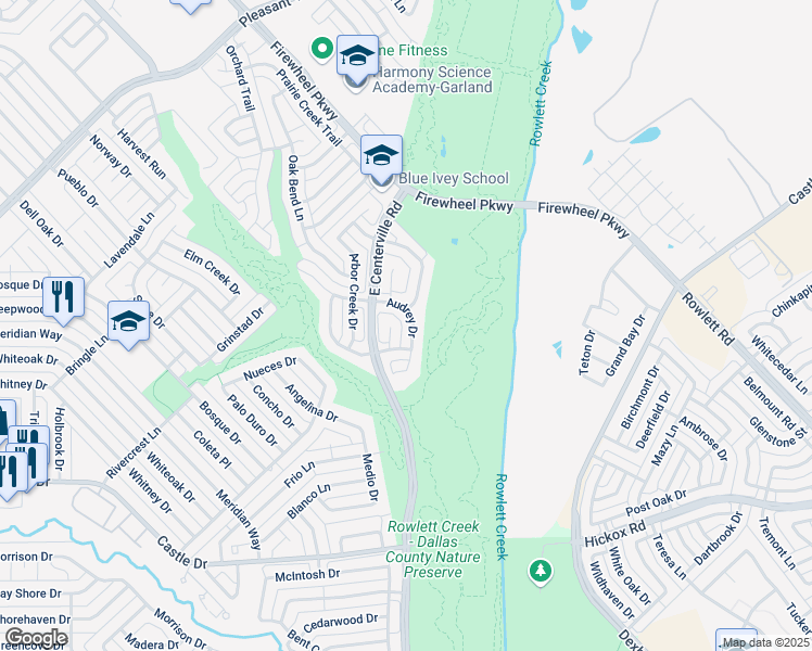 map of restaurants, bars, coffee shops, grocery stores, and more near 1701 Hollow Creek Court in Garland