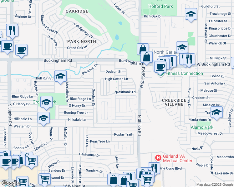 map of restaurants, bars, coffee shops, grocery stores, and more near 2642 Westbank Trail in Garland