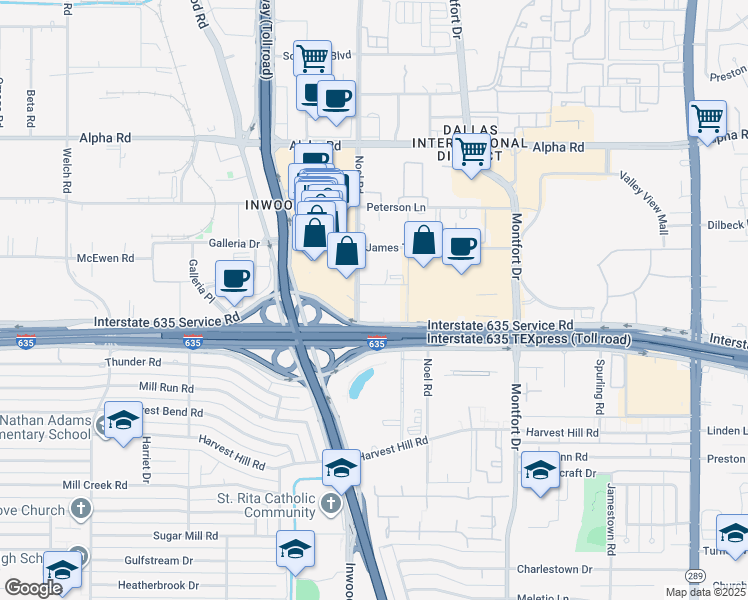 map of restaurants, bars, coffee shops, grocery stores, and more near 13100 Noel Road in Dallas