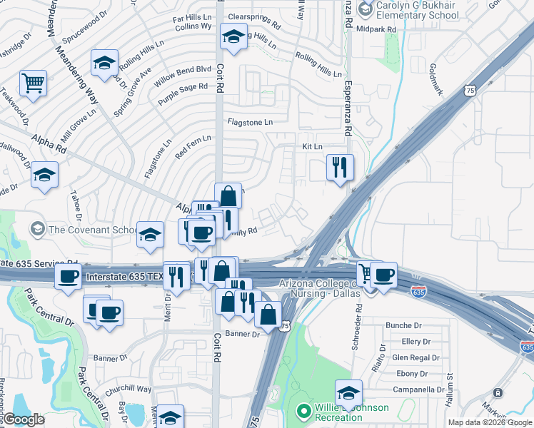 map of restaurants, bars, coffee shops, grocery stores, and more near 13254 Kit Lane in Dallas