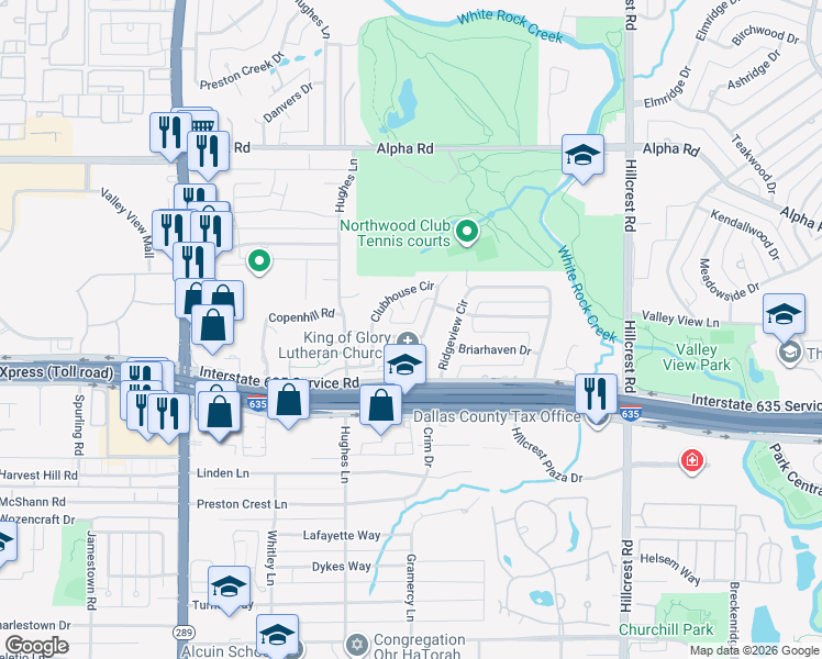 map of restaurants, bars, coffee shops, grocery stores, and more near 6406 Creekhaven Place in Dallas