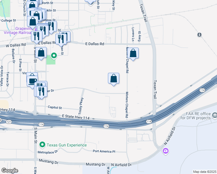 map of restaurants, bars, coffee shops, grocery stores, and more near 801 Hanover Drive in Grapevine