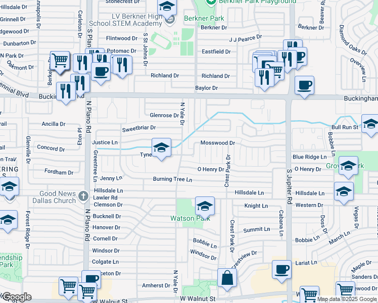 map of restaurants, bars, coffee shops, grocery stores, and more near 1617 Tynes Drive in Garland