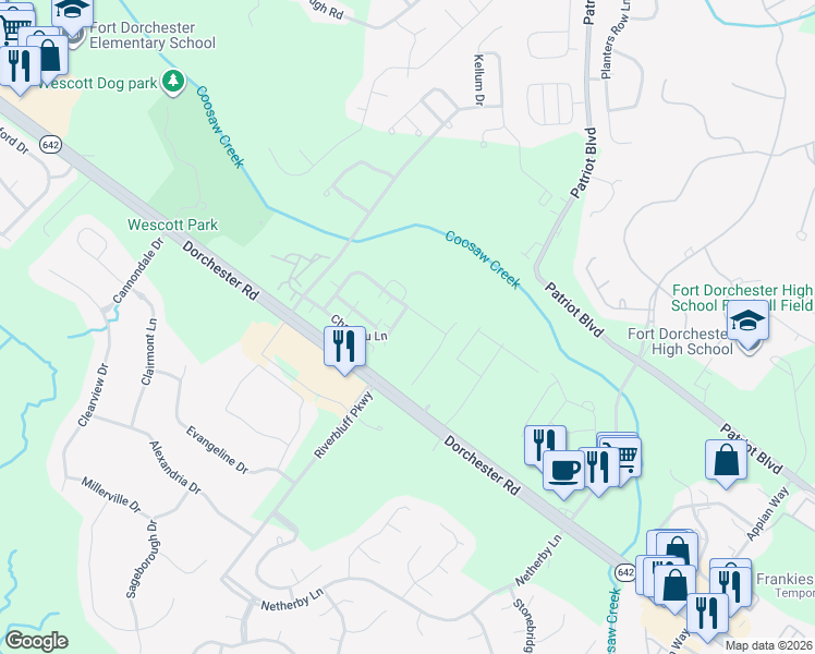 map of restaurants, bars, coffee shops, grocery stores, and more near 2602 Dorchester Road in North Charleston
