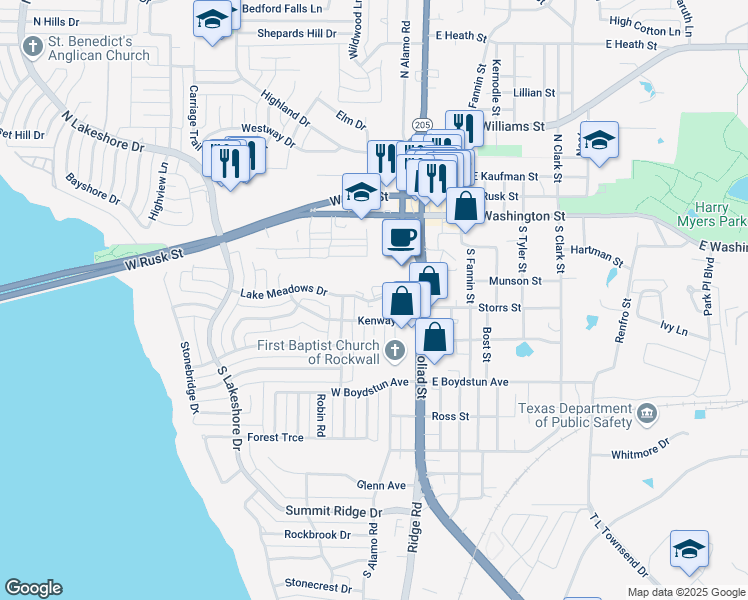 map of restaurants, bars, coffee shops, grocery stores, and more near 322 Lake Meadows Drive in Rockwall