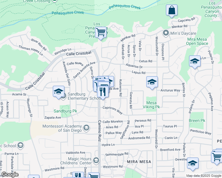 map of restaurants, bars, coffee shops, grocery stores, and more near 8323 Menkar Road in San Diego