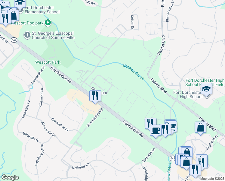map of restaurants, bars, coffee shops, grocery stores, and more near 2602 Dorchester Road in North Charleston