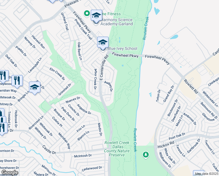 map of restaurants, bars, coffee shops, grocery stores, and more near 1701 Hollow Creek Court in Garland