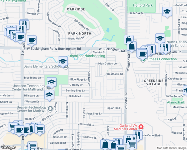 map of restaurants, bars, coffee shops, grocery stores, and more near 1638 Goodfield Lane in Garland