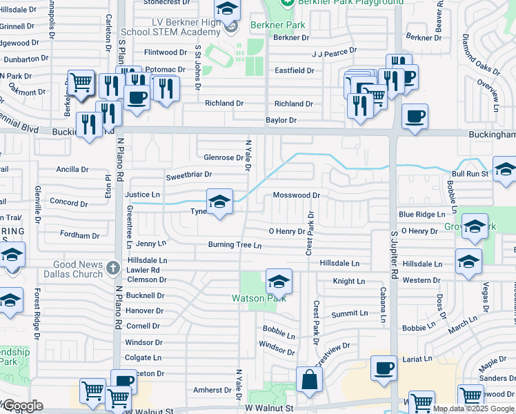 map of restaurants, bars, coffee shops, grocery stores, and more near 1617 Tynes Drive in Garland