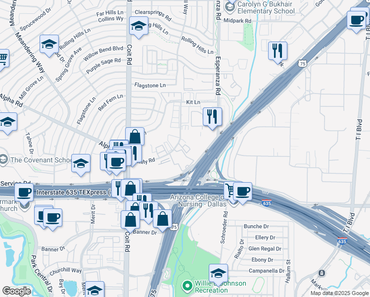 map of restaurants, bars, coffee shops, grocery stores, and more near 13175 North Central Expressway in Dallas