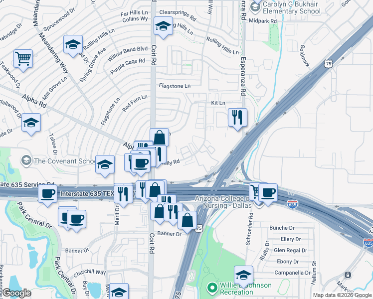 map of restaurants, bars, coffee shops, grocery stores, and more near 13254 Kit Lane in Dallas
