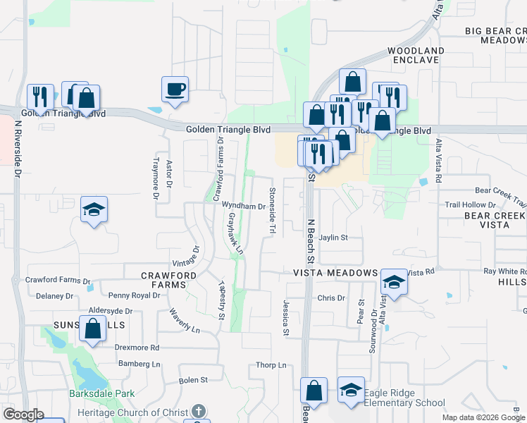 map of restaurants, bars, coffee shops, grocery stores, and more near 10608 StonesideTrail in Fort Worth