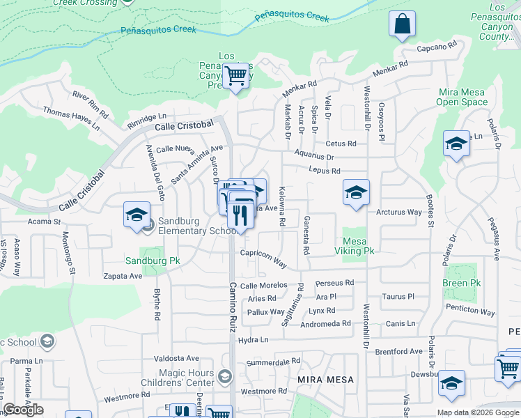 map of restaurants, bars, coffee shops, grocery stores, and more near 8323 Menkar Road in San Diego