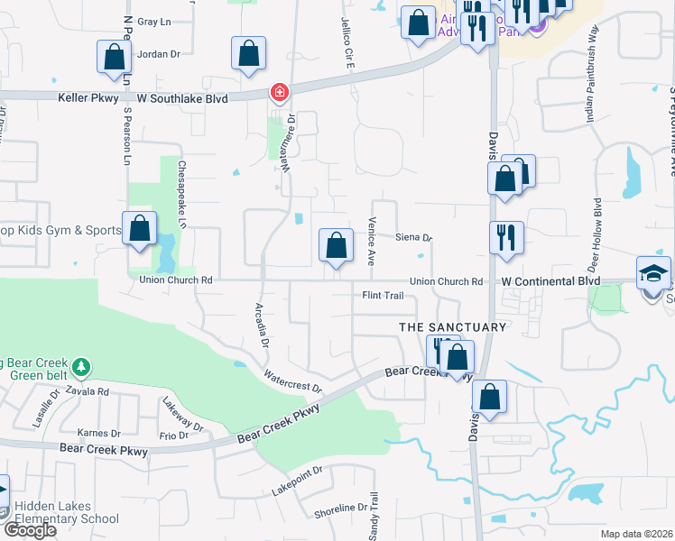 map of restaurants, bars, coffee shops, grocery stores, and more near 828 Shawnee Trail in Keller