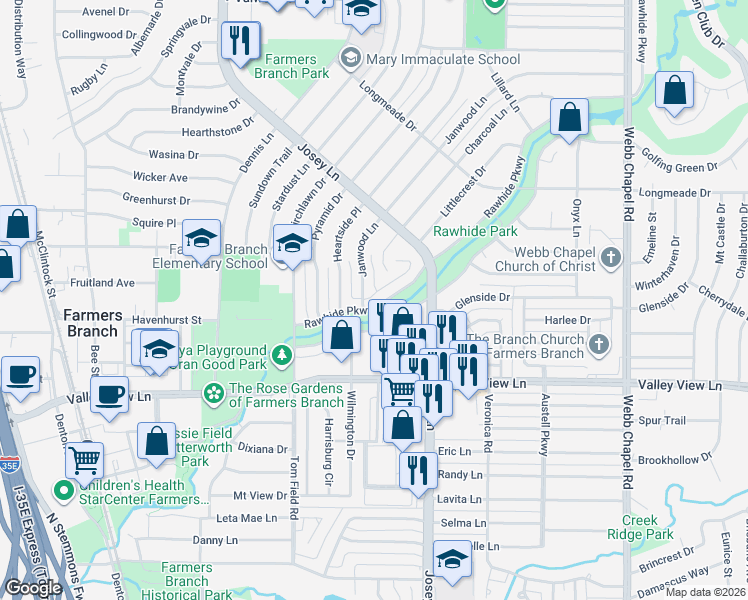map of restaurants, bars, coffee shops, grocery stores, and more near 13405 Charcoal Lane in Farmers Branch