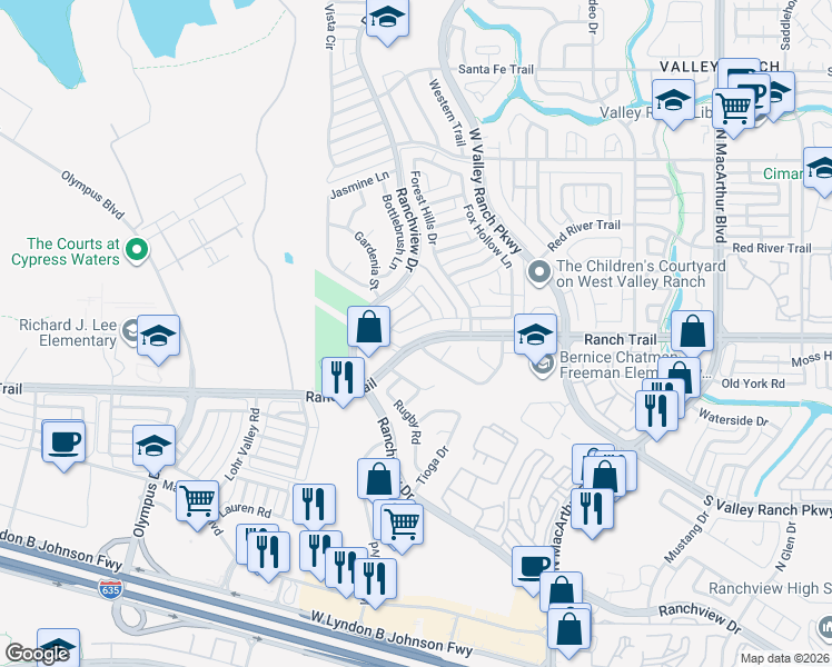 map of restaurants, bars, coffee shops, grocery stores, and more near 1220 Willowdale Lane in Irving