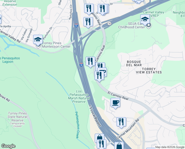 map of restaurants, bars, coffee shops, grocery stores, and more near 11452 El Camino Real in San Diego