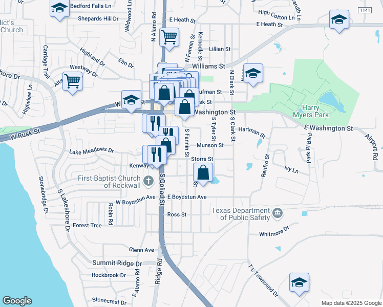 map of restaurants, bars, coffee shops, grocery stores, and more near 138 Lake Meadows Drive in Rockwall