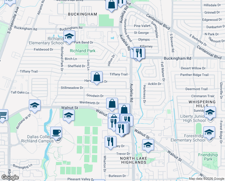 map of restaurants, bars, coffee shops, grocery stores, and more near 633 Stillmeadow Drive in Richardson