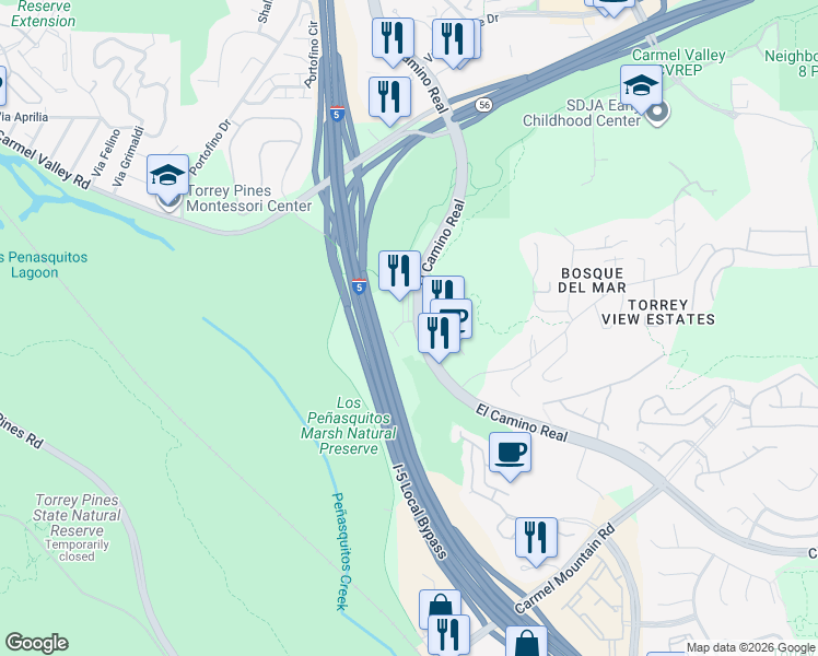 map of restaurants, bars, coffee shops, grocery stores, and more near 11502 El Camino Real in San Diego