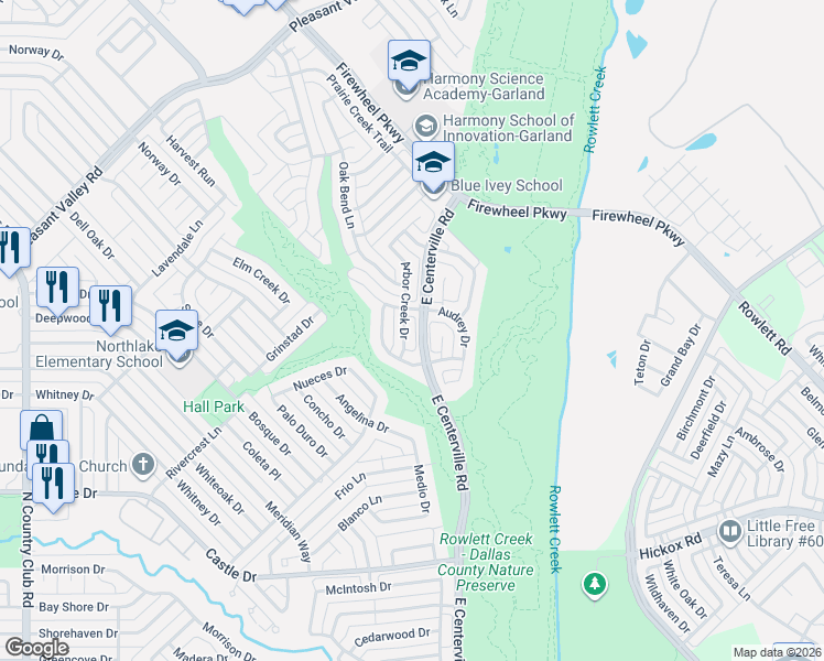 map of restaurants, bars, coffee shops, grocery stores, and more near 1634 Arbour Creek in Garland