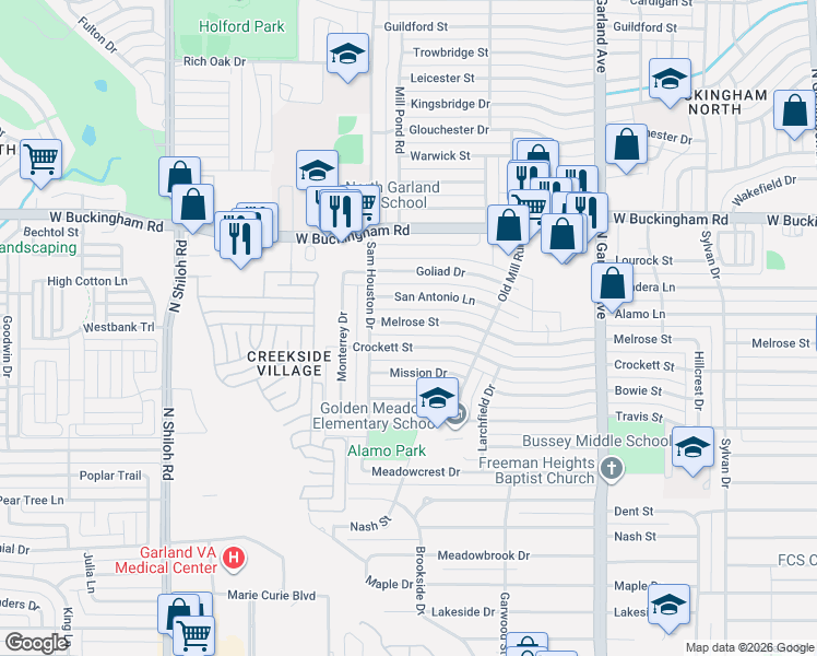 map of restaurants, bars, coffee shops, grocery stores, and more near 1817 Melrose Street in Garland