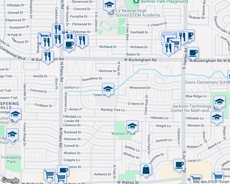 map of restaurants, bars, coffee shops, grocery stores, and more near 4014 Justice Lane in Garland