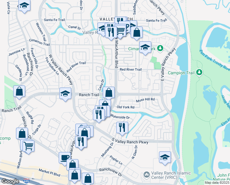 map of restaurants, bars, coffee shops, grocery stores, and more near 519 Ranch Trail in Irving
