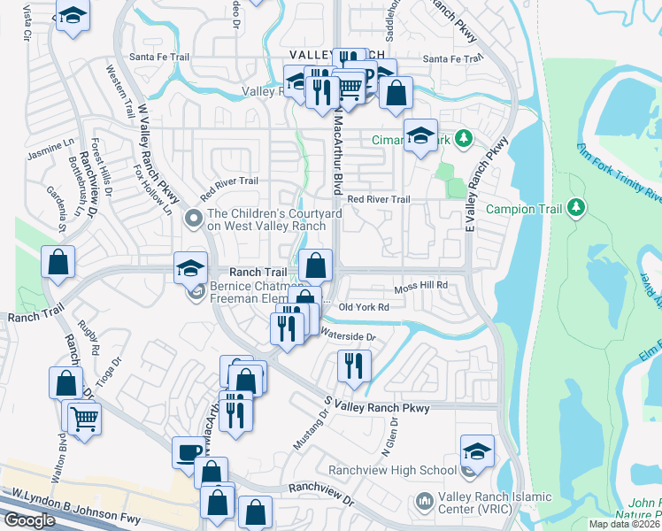map of restaurants, bars, coffee shops, grocery stores, and more near 519 Ranch Trail in Irving