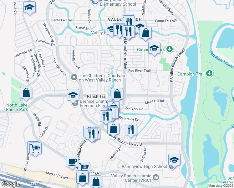 map of restaurants, bars, coffee shops, grocery stores, and more near 519 Ranch Trail in Irving