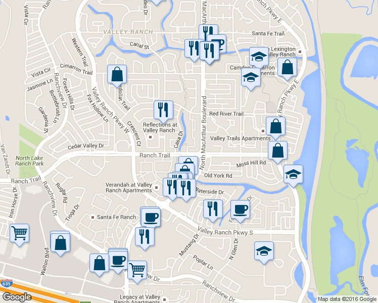 map of restaurants, bars, coffee shops, grocery stores, and more near 610 Rancho Circle in Irving