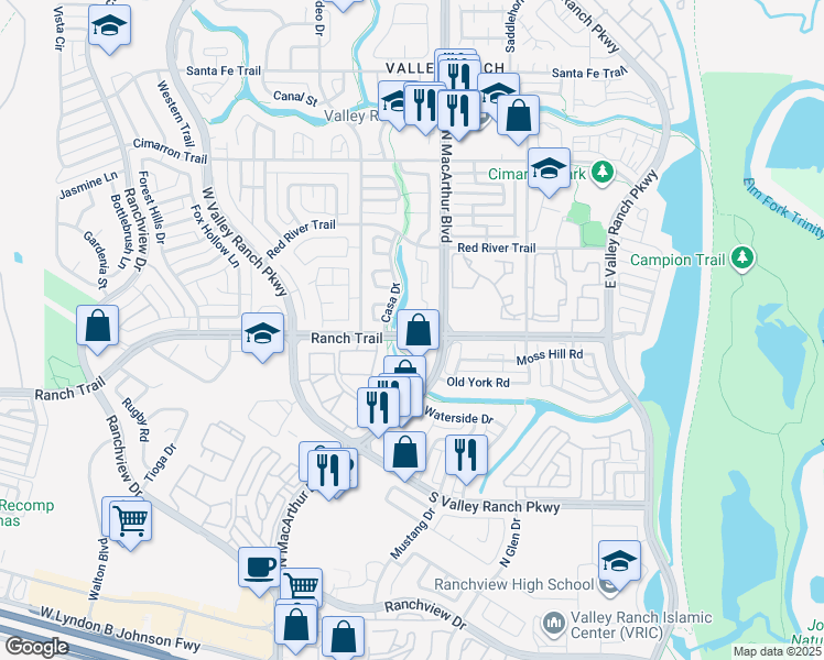 map of restaurants, bars, coffee shops, grocery stores, and more near 610 Rancho Circle in Irving
