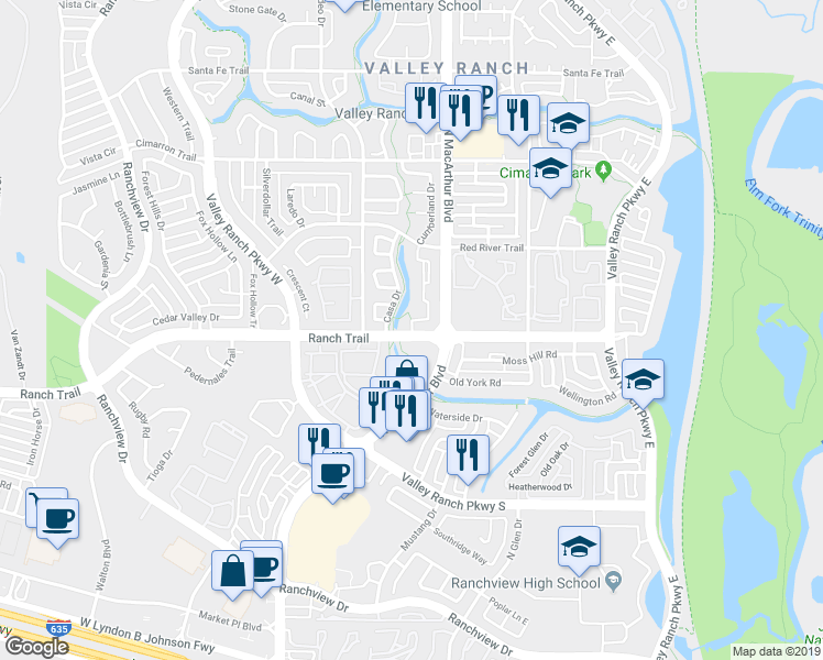 map of restaurants, bars, coffee shops, grocery stores, and more near 610 Rancho Circle in Irving