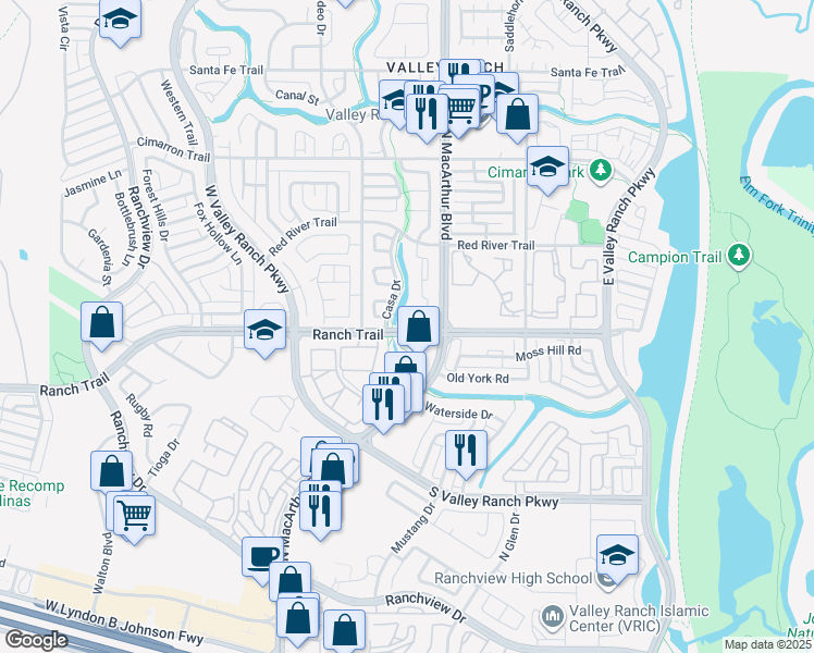 map of restaurants, bars, coffee shops, grocery stores, and more near 610 Rancho Circle in Irving