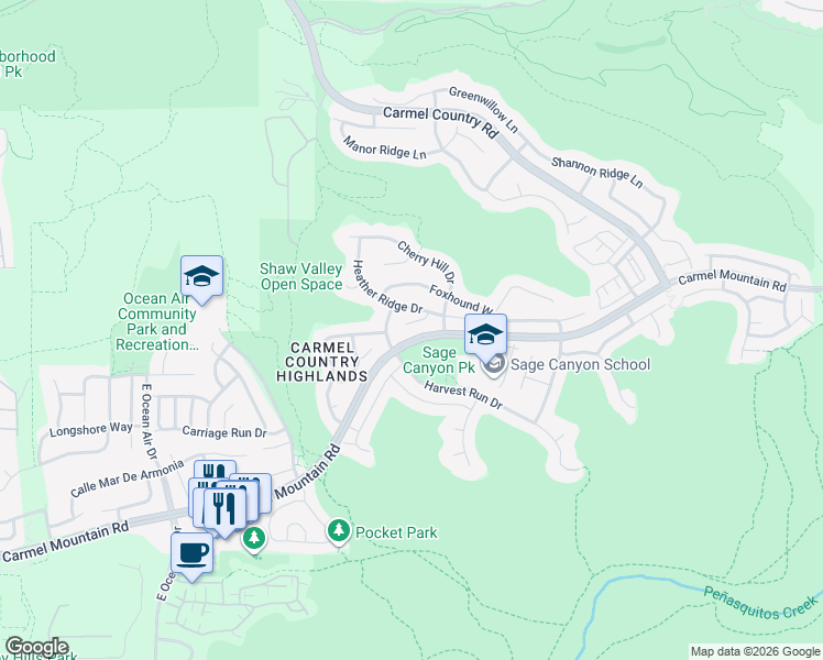 map of restaurants, bars, coffee shops, grocery stores, and more near 5261 Fox Borough Point in San Diego