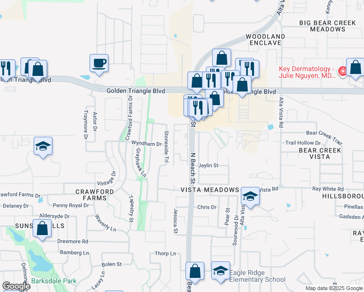 map of restaurants, bars, coffee shops, grocery stores, and more near 10501 North Beach Street in Fort Worth