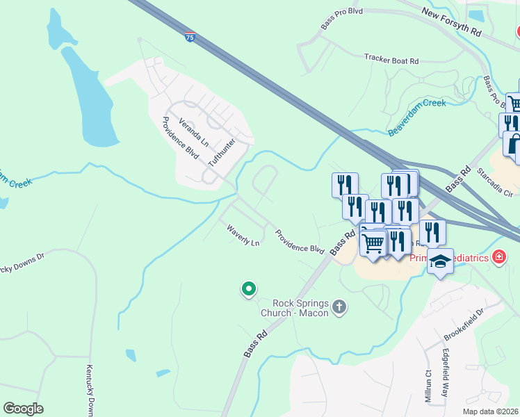 map of restaurants, bars, coffee shops, grocery stores, and more near 319 Carillon Court in Macon