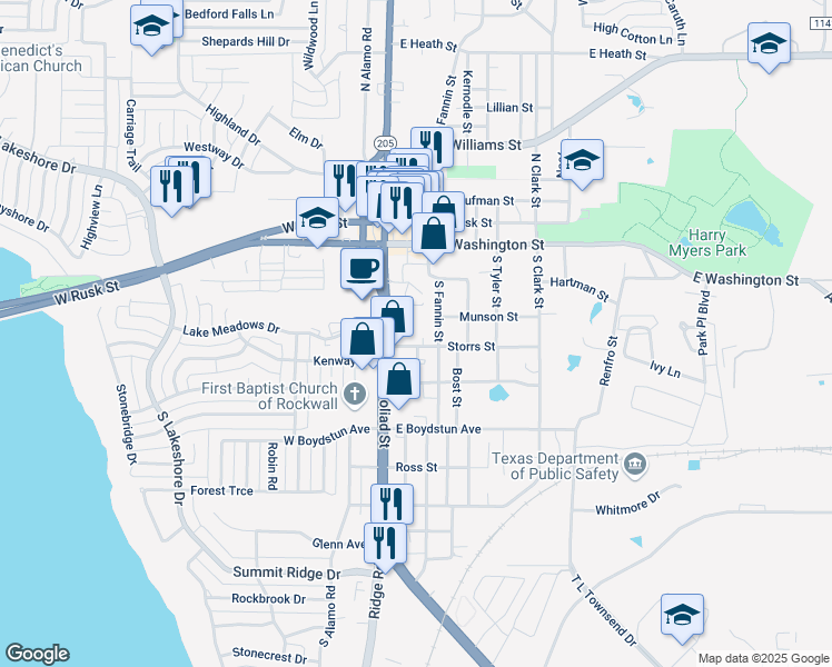 map of restaurants, bars, coffee shops, grocery stores, and more near 223 Lake Meadows Drive in Rockwall