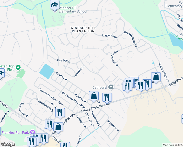 map of restaurants, bars, coffee shops, grocery stores, and more near 8251 Windsor Hill Boulevard in North Charleston