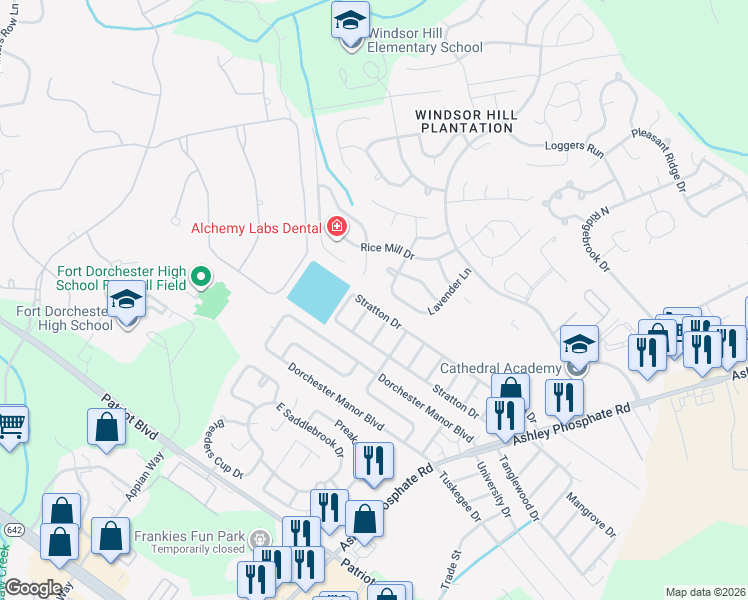 map of restaurants, bars, coffee shops, grocery stores, and more near 4217 Lavender Lane in North Charleston
