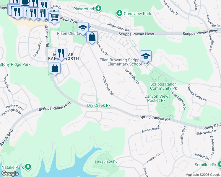 map of restaurants, bars, coffee shops, grocery stores, and more near 11465 Wills Creek Road in San Diego